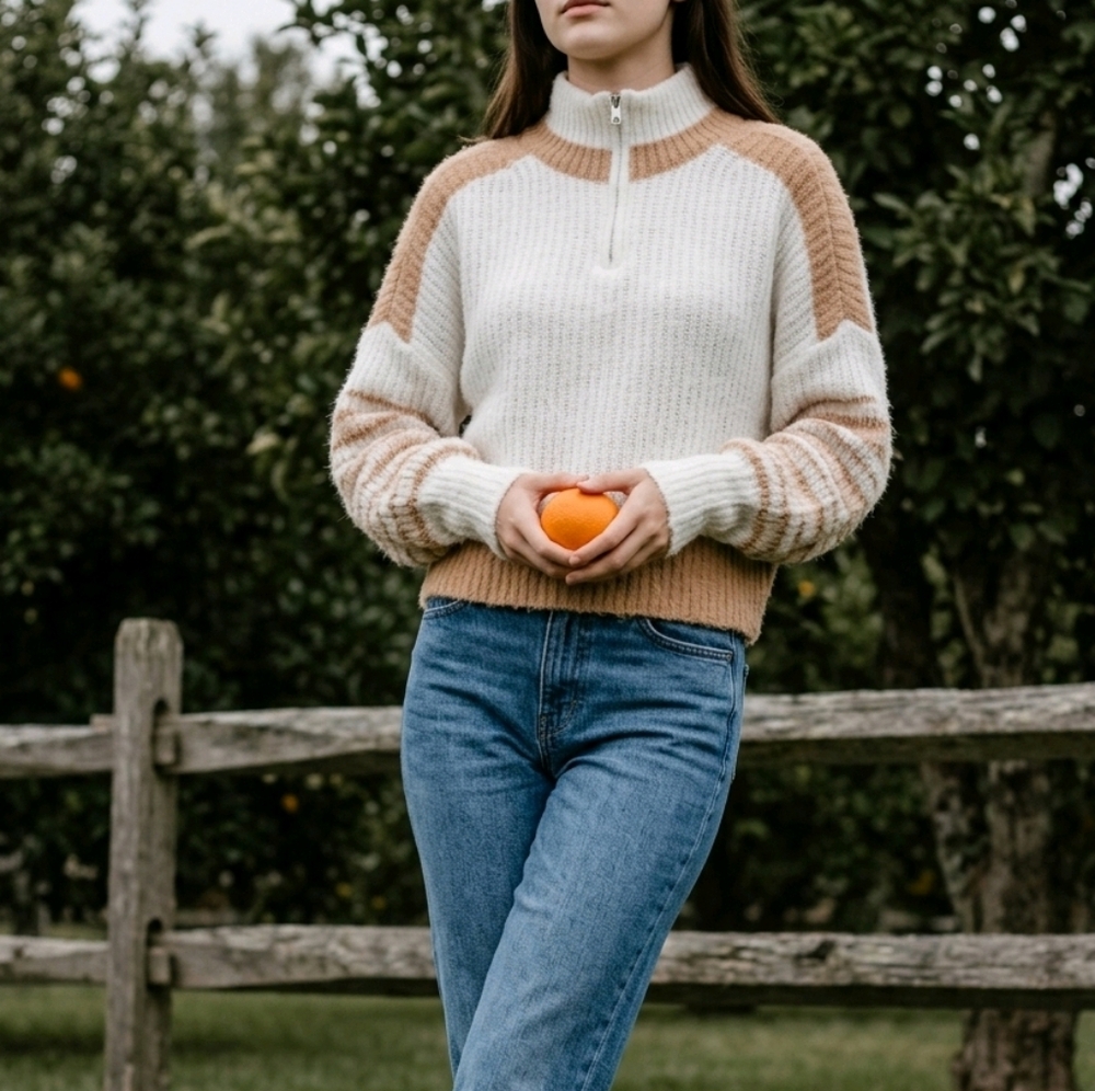 French Connection Winter White & Camel Half-Zip Ribbed Knit Sweater Size Medium - Picture 3 of 11